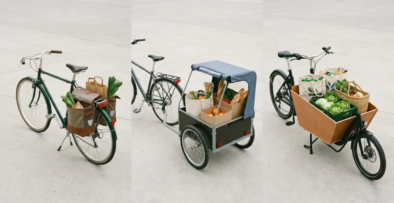 Comparaison visuelle entre sacoches vélo, remorque cargo et vélo cargo pour le transport des courses