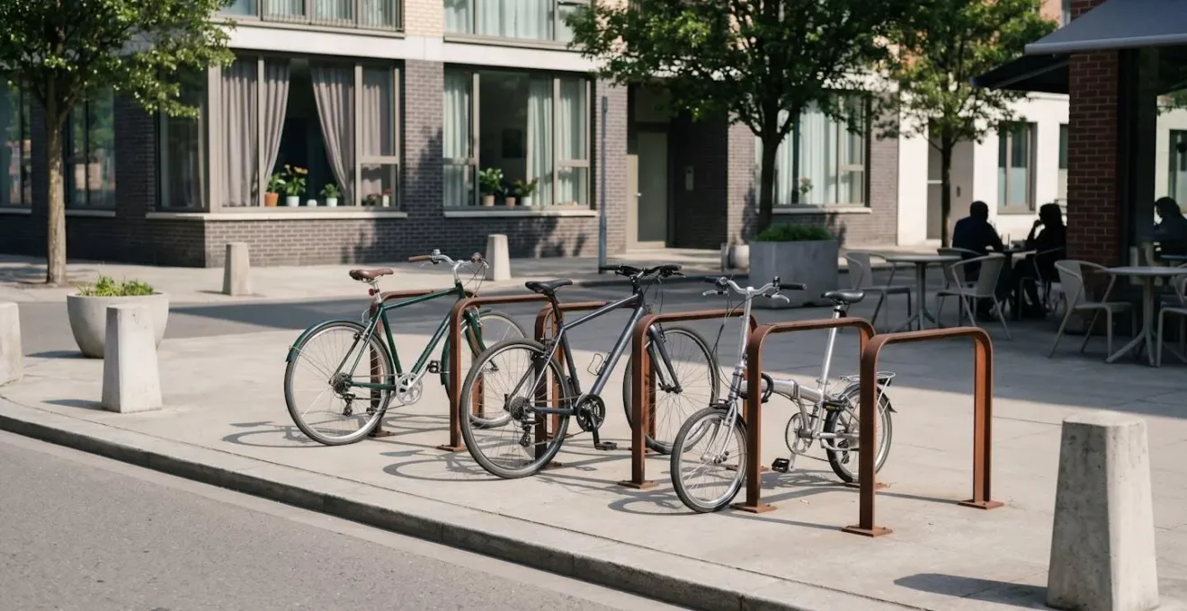 Point de stationnement vélo sous surveillance naturelle active avec fenêtres habitées et passage piéton fréquenté