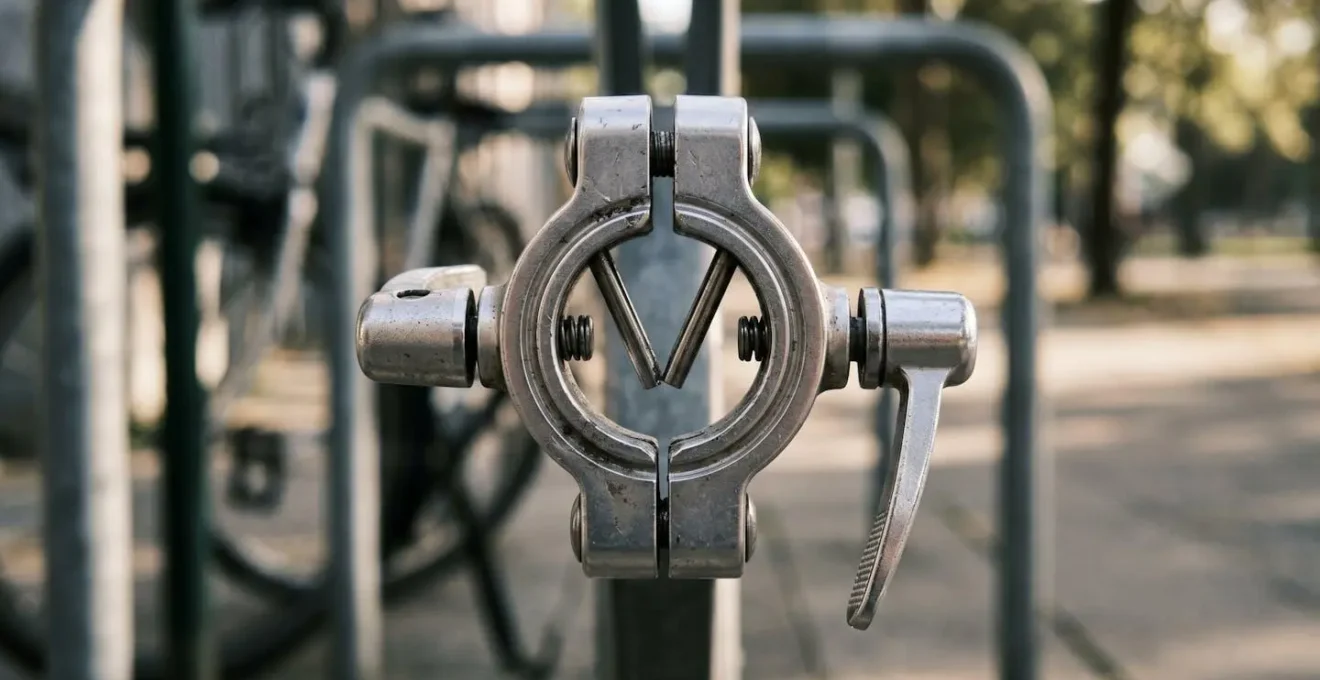 Vue rapprochée d'un système de fixation rapide pour sacoche de vélo urbain